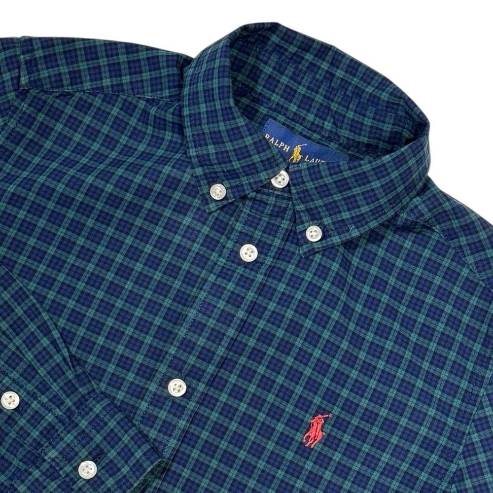 Ralph Lauren Boys Green Blue Plaid Long Sleeve Button Down Shirt Size 7 Red Pony